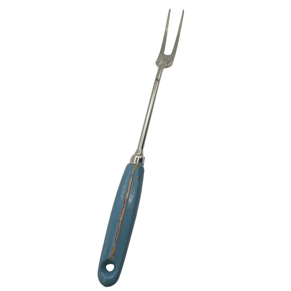 Vintage EKCO USA Meat Carving Fork Blue Wood‎ Handle Mid Century Kitchen Utensil